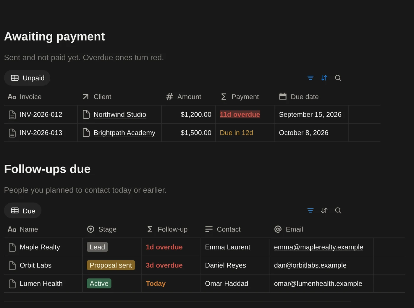 Awaiting payment and follow-ups views in Notion