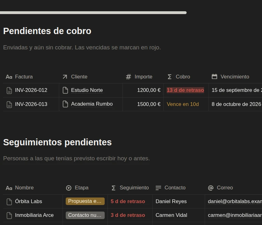 Vistas de pendientes de cobro y seguimientos en Notion
