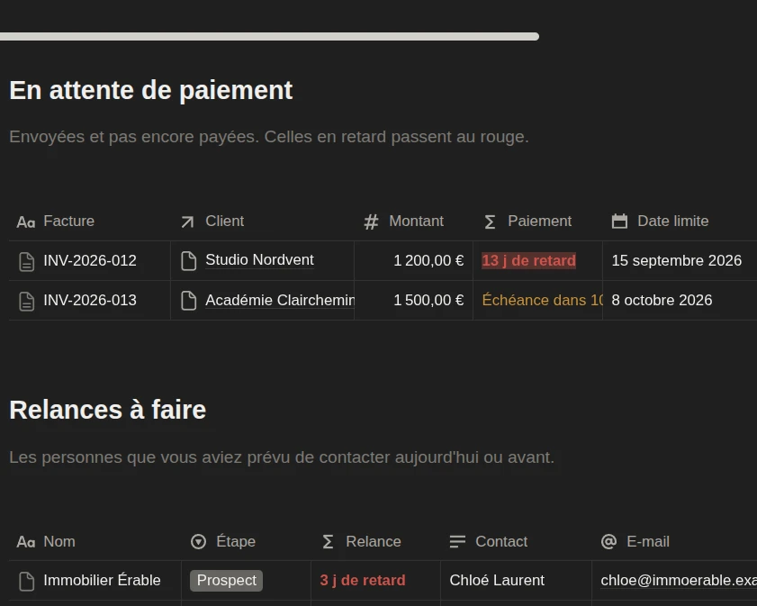 Vues des factures en attente et des relances dans Notion