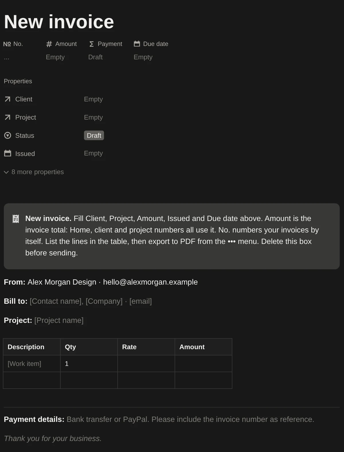 New invoice template with business details, line items and payment details