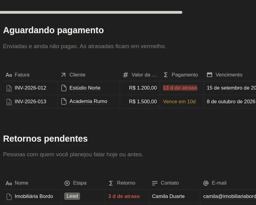 Visões de faturas a receber e follow-ups no Notion