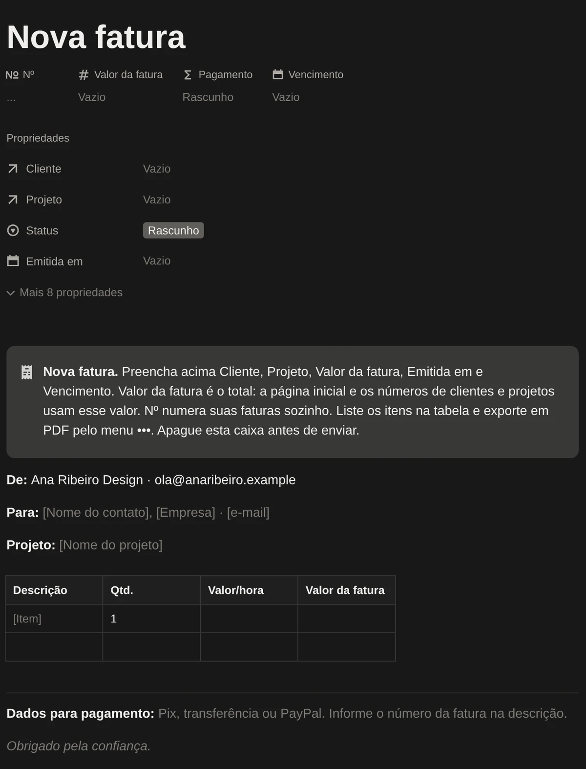 Template Nova fatura com dados do negócio, itens e dados para pagamento