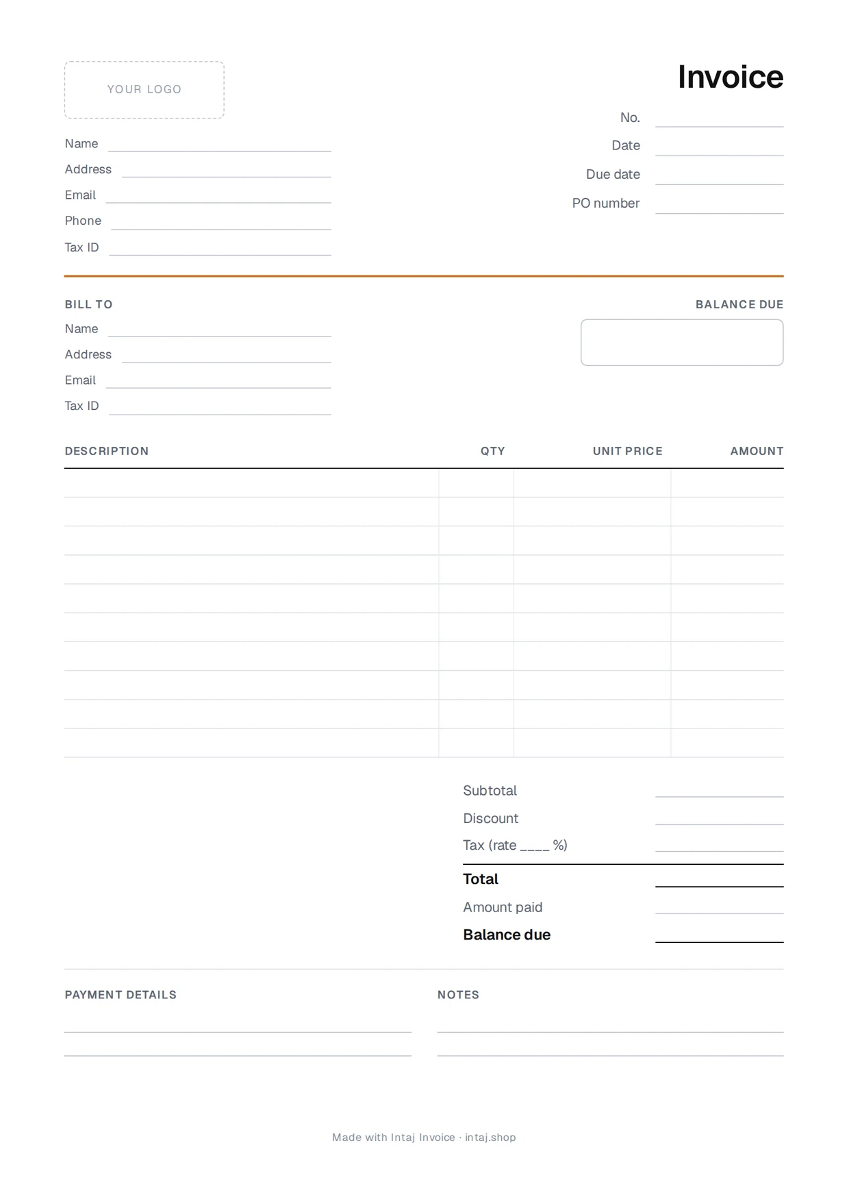 The blank invoice template: your details, invoice number and dates, bill-to box, ten item rows, subtotal, tax, total, payment details and notes