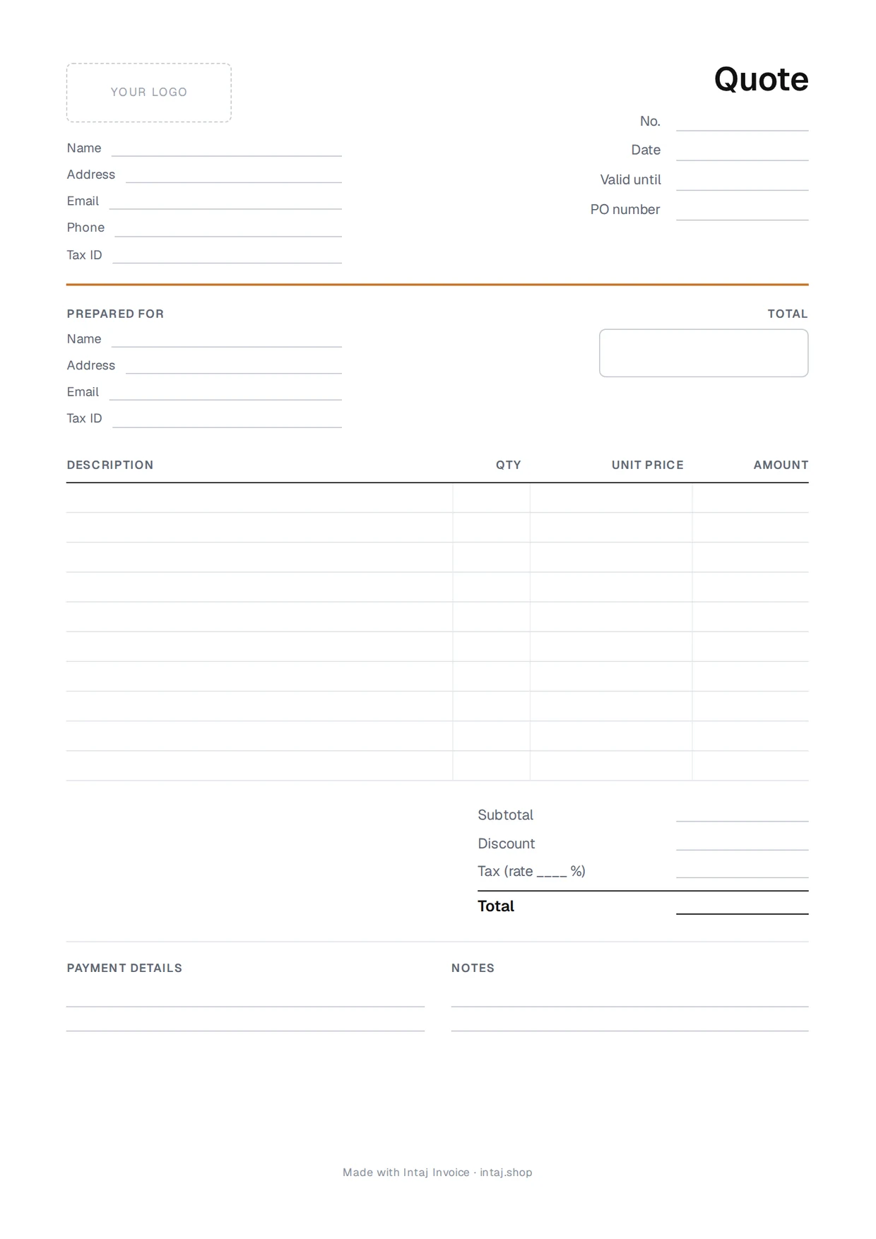 The blank quote template: your details, quote number, date and valid-until date, the client box, item rows and the total