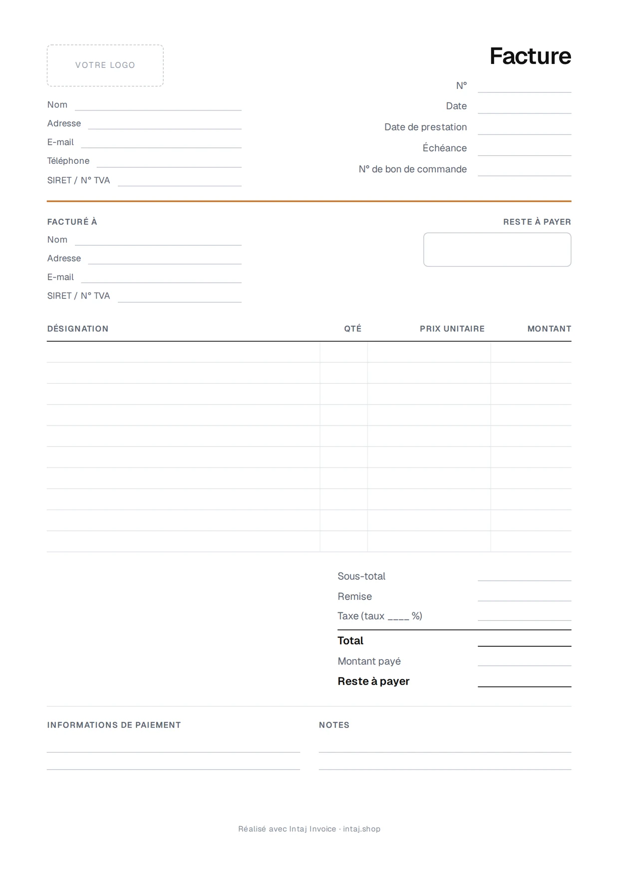 Le modèle de facture vierge : vos coordonnées, numéro et dates de la facture, cadre client, dix lignes d’articles, sous-total, taxe, total, coordonnées de paiement et notes